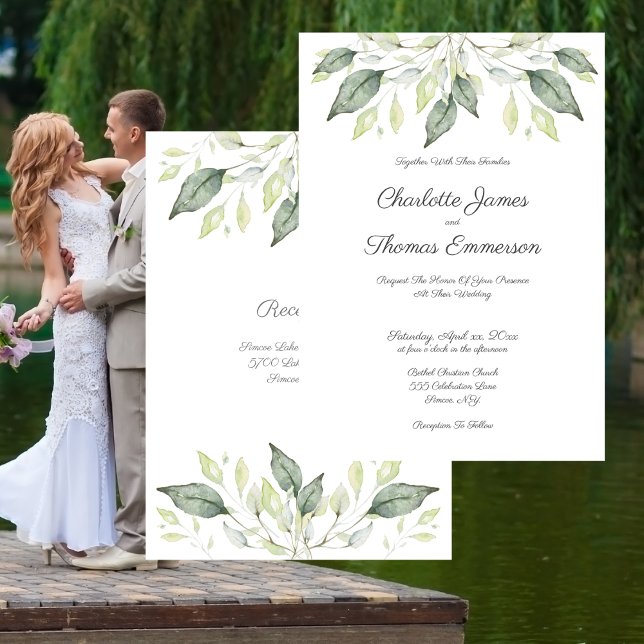 Elegante Watercolor Grüne Blätter Einladung Hochze (Wedding Soft Watercolor Green Leaves Elegant Invitation)