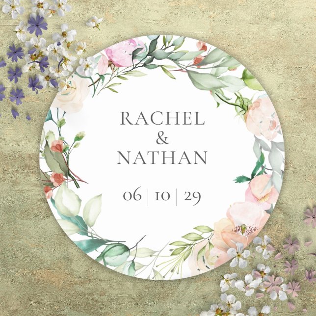Elegante Watercolor Grüne Blumenzwiese Runder Aufkleber (Elegant Watercolor Greenery Floral Wedding Classic Round Sticker)