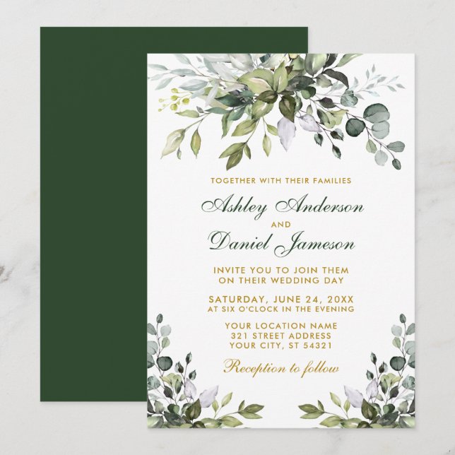 Elegante Watercolor Grüne Goldene Hochzeit Einladung (Vorne/Hinten)