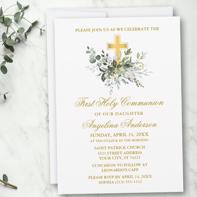 Elegante Watercolor Grüne Goldene Kommunion Einladung (Customize to change text color, size, style or to add photos or more text to back of card.)
