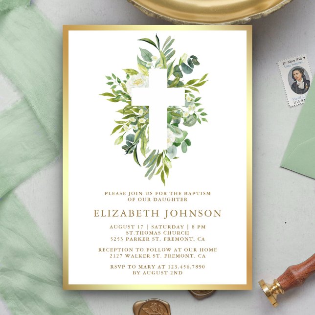 Elegante Watercolor Grüne Goldene Taufe Einladung (Von Creator hochgeladen)