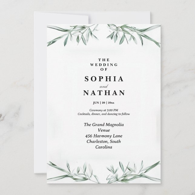 Elegante Watercolor Grüne Hochzeit Einladung (Vorderseite)