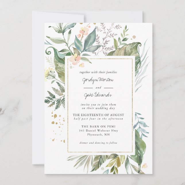Elegante Watercolor Grüne | Rosa Blumenhochzeit (Vorderseite)