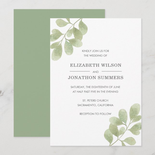 Elegante Watercolor Grüne Rustikale Hochzeit Einladung (Vorne/Hinten)