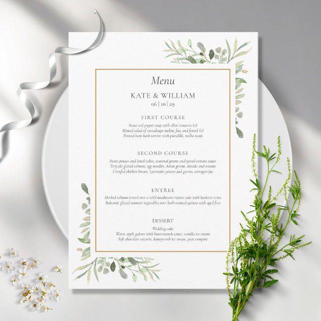 Elegante Watercolor Grüne Speisekarte zum Hochzeit Menükarte (Von Creator hochgeladen)