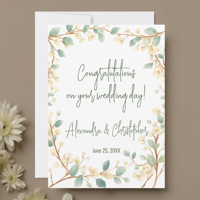Elegante Watercolor Grüne und weiße Blumen Karte (Von Creator hochgeladen)