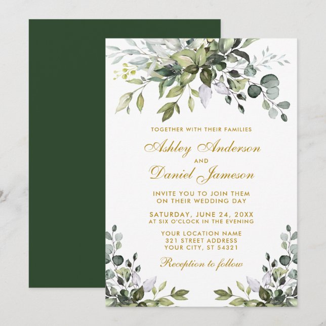 Elegante Watercolor Grüne Weinroute Gold Wedding Einladung (Vorne/Hinten)