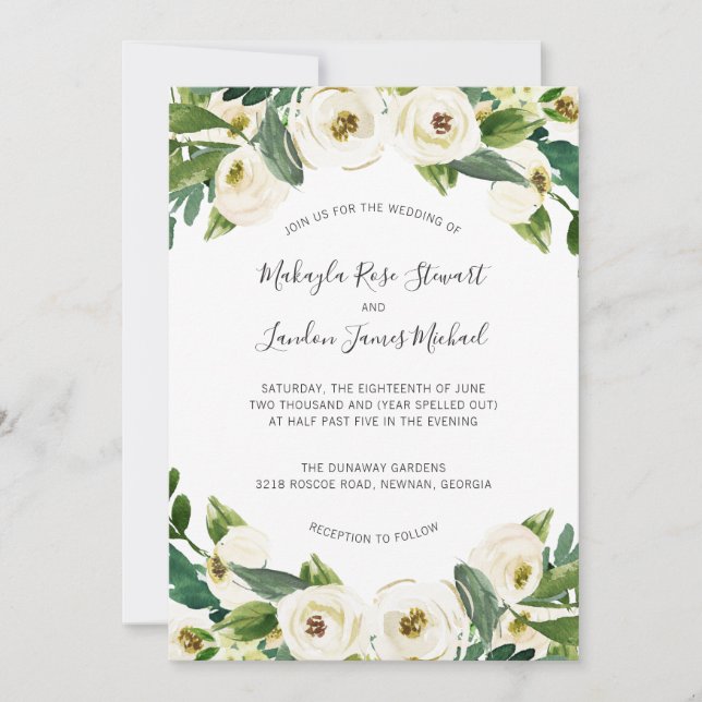 Elegante Watercolor Grüne Weißblütenhochzeit Einladung (Vorderseite)