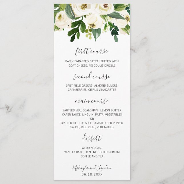 Elegante Watercolor Grüne Weißblütenhochzeit Menükarte (Vorderseite)