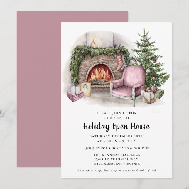 Elegante Watercolor Holiday Open House Einladung (Vorne/Hinten)