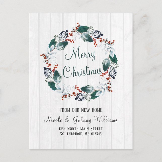 Elegante Watercolor Holly Wreath Christmas Moving Ankündigungspostkarte (Vorderseite)