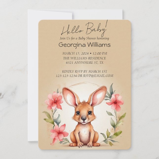 Elegante Watercolor Kangaroo Babydusche Einladung (Vorderseite)