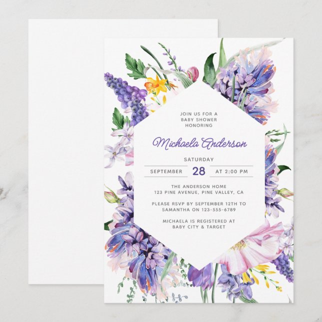 Elegante Watercolor Lavendel Lila Babydusche Einladung (Vorne/Hinten)