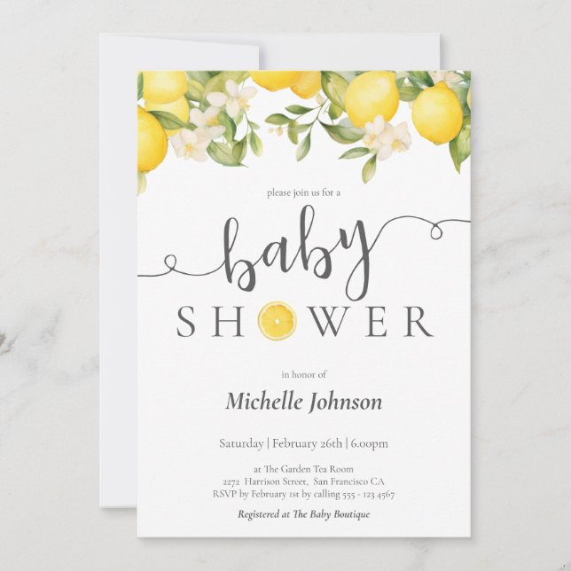 Elegante Watercolor Lemon Babydusche Einladung (Vorderseite)