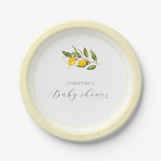 Elegante Watercolor Lemon Babydusche Pappteller (Vorderseite)