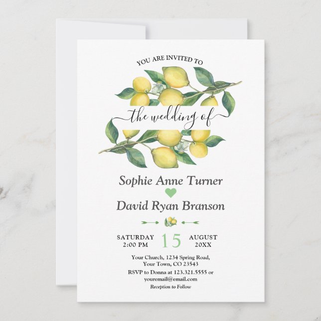 Elegante Watercolor Lemon Mediterrane Hochzeit Einladung (Vorderseite)