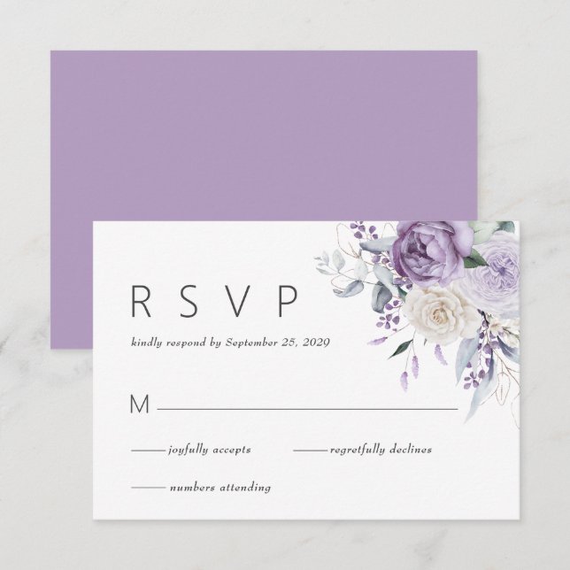 Elegante Watercolor Lila Blumenhochzeit RSVP (Vorne/Hinten)