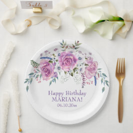 Elegante Watercolor Lila Floral Geburtstagsparty N Pappteller