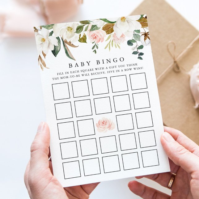 Elegante Watercolor Magnolia Baby Shower Bingo Car (Von Creator hochgeladen)