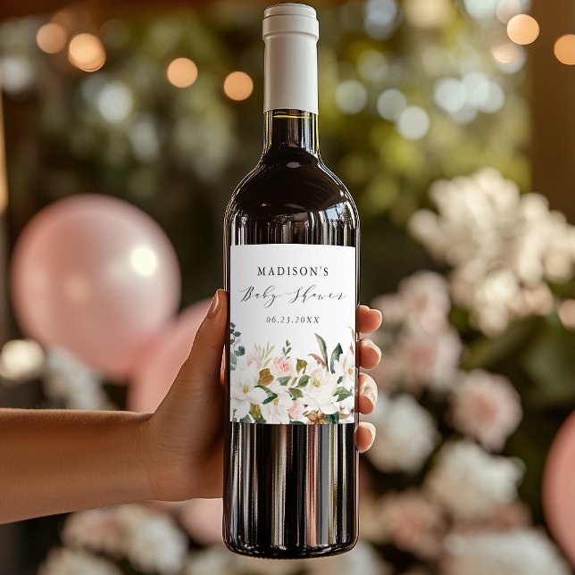 Elegante Watercolor Magnolias Kinderdusche Weinetikett (Von Creator hochgeladen)