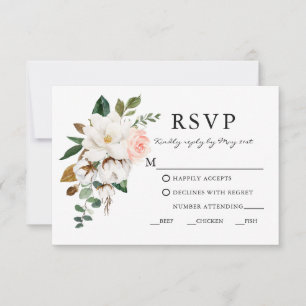 Elegante Watercolor Magnolias Rose Hochzeit RSVP Karte