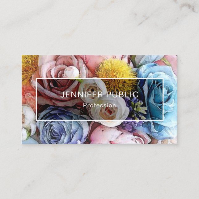 Elegante Watercolor-Mit BlumenRosen-moderne Visitenkarte (Vorderseite)