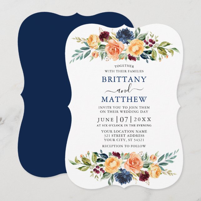 Elegante Watercolor Mixed Floral Wedding Blue Einladung (Vorne/Hinten)