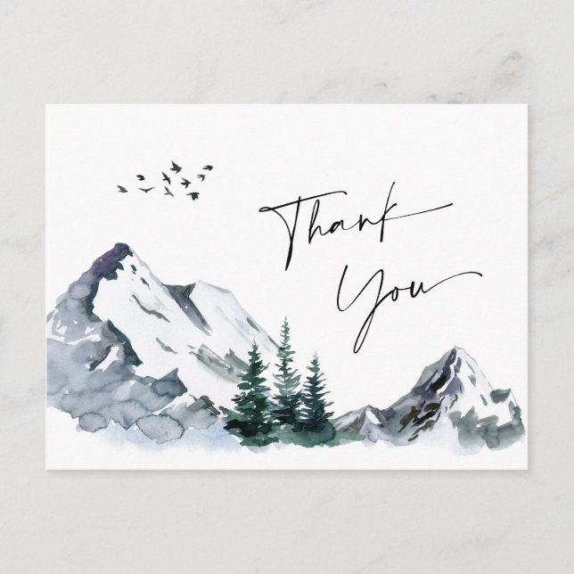 Elegante Watercolor Mountains Forest Vielen Dank Postkarte (Vorderseite)