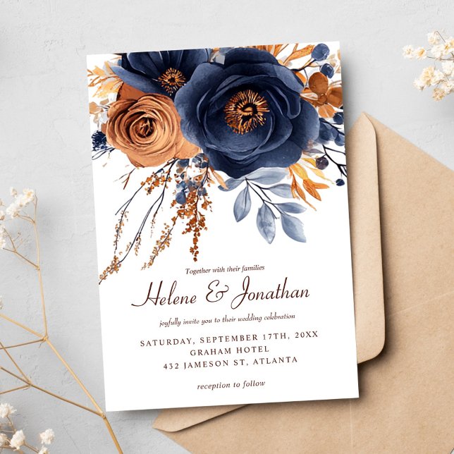 Elegante Watercolor Navy Blaue Terracotta Hochzeit Einladung (Elegant Watercolor Navy Blue Terracotta Wedding Invitation)