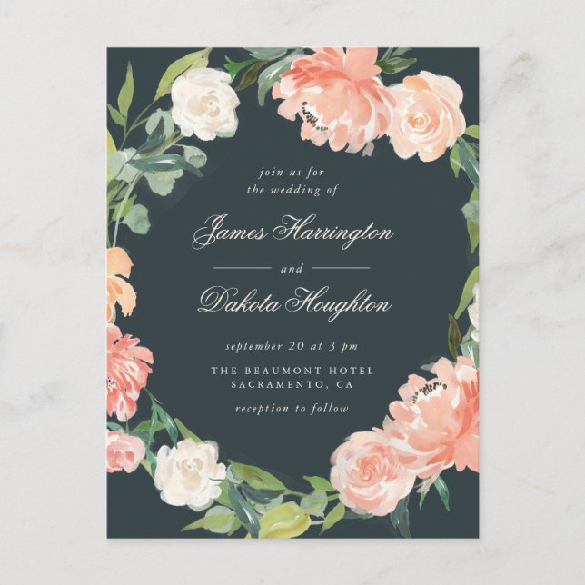 Elegante Watercolor Peonies & Eukalyptus Wedding Einladungspostkarte (Vorderseite)
