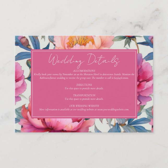 Elegante Watercolor Peony Blume Hochzeit Begleitkarte (Vorderseite)