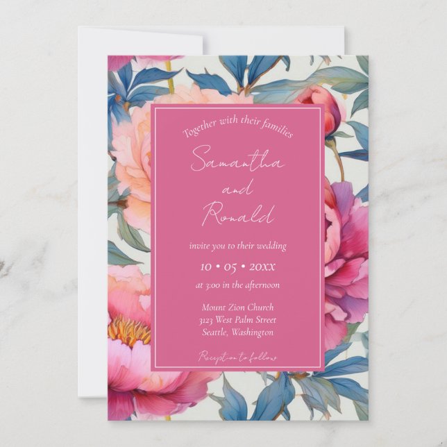 Elegante Watercolor Peony Blume Hochzeit Einladung (Vorderseite)