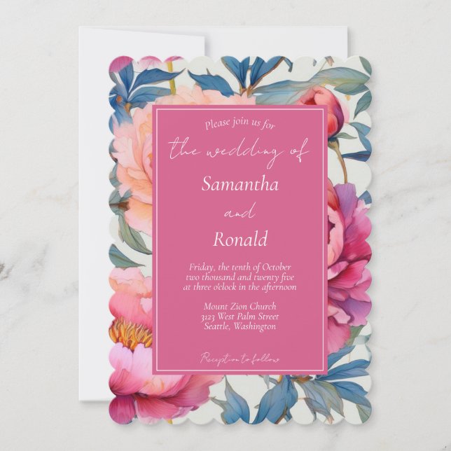 Elegante Watercolor Peony Blume Hochzeit Einladung (Vorderseite)
