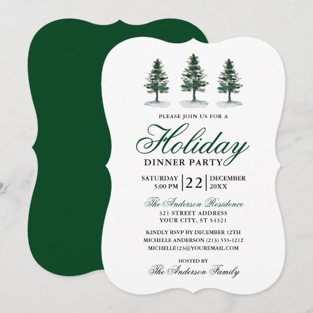 Elegante Watercolor Pines Holiday Party Einladung (Vorne/Hinten)