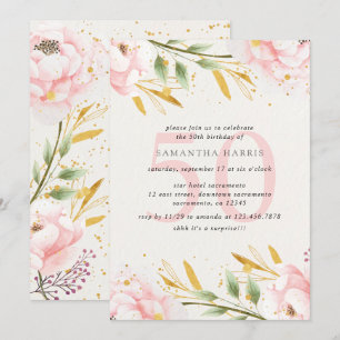 Elegante Watercolor Pink & Gold 50. Geburtstagspar Einladung