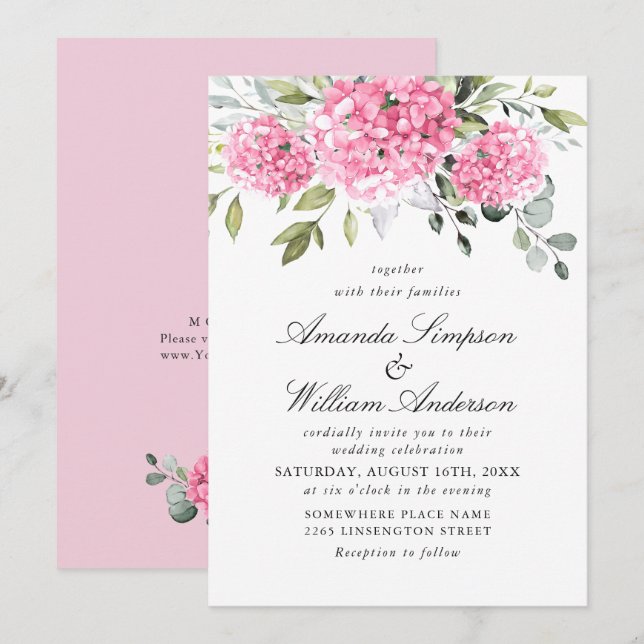 Elegante Watercolor Pink Hydrangea Blumenhochzeit Einladung (Vorne/Hinten)