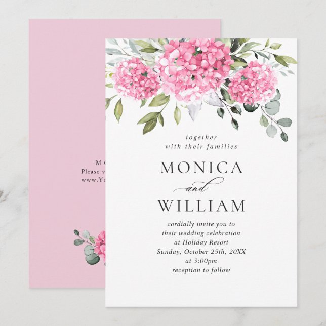 Elegante Watercolor Pink Hydrangea Blumenhochzeit Einladung (Vorne/Hinten)
