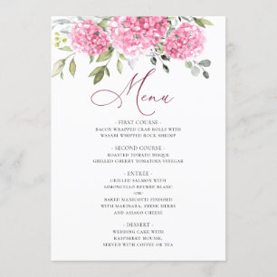 Elegante Watercolor Pink Hydrangea Blumenhochzeit Menükarte