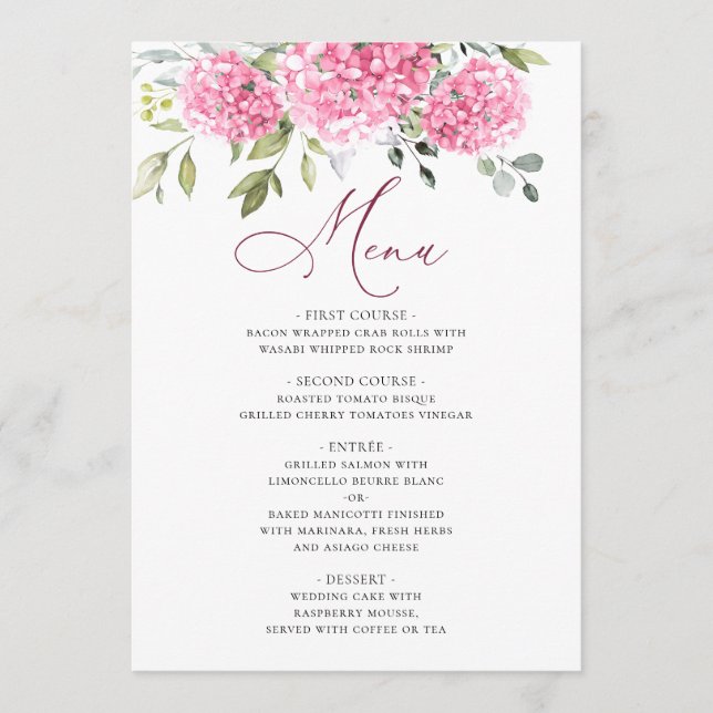 Elegante Watercolor Pink Hydrangea Blumenhochzeit Menükarte (Vorderseite)