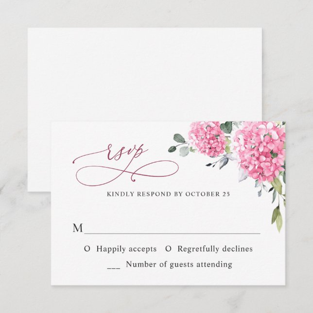 Elegante Watercolor Pink Hydrangea Blumenhochzeit RSVP Karte (Vorne/Hinten)