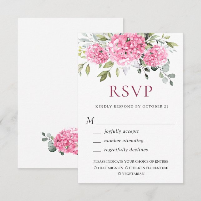 Elegante Watercolor Pink Hydrangea Blumenhochzeit RSVP Karte (Vorne/Hinten)