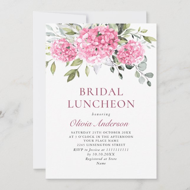 Elegante Watercolor Pink Hydrangea BRIDAL LUNCHEON Einladung (Vorderseite)