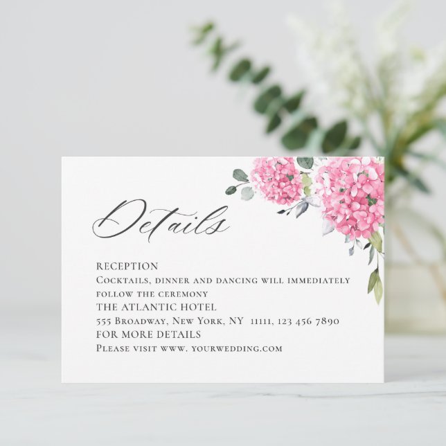 Elegante Watercolor Pink Hydrangea Hochzeitsdetail Begleitkarte (Stehend Vorderseite)