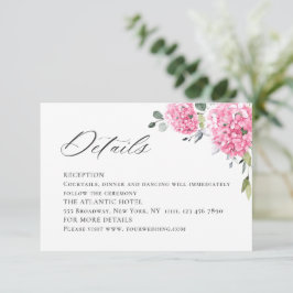Elegante Watercolor Pink Hydrangea Hochzeitsdetail Begleitkarte