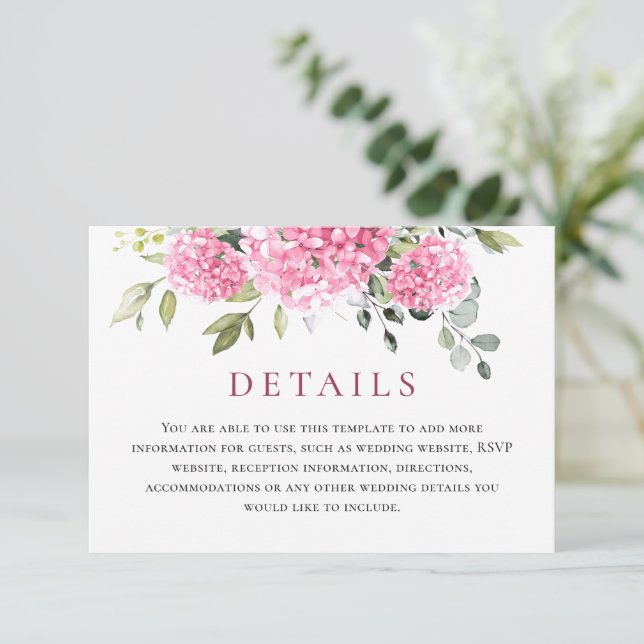 Elegante Watercolor Pink Hydrangea Hochzeitsdetail Begleitkarte (Stehend Vorderseite)