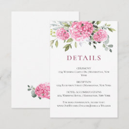 Elegante Watercolor Pink Hydrangea Hochzeitsdetail Begleitkarte