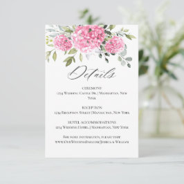Elegante Watercolor Pink Hydrangea Hochzeitsdetail Begleitkarte