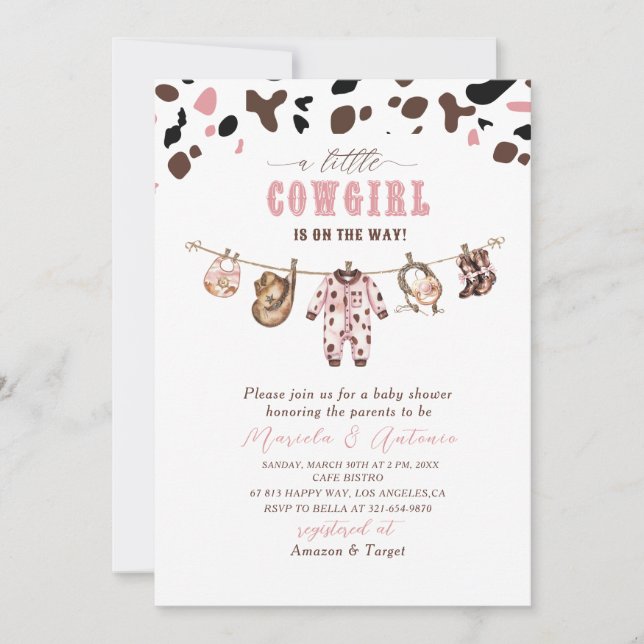 Elegante Watercolor Pink Kleine Cowgirl Baby Showe Einladung (Vorderseite)