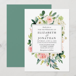 Elegante Watercolor Rosa Blumenrahmen Hochzeit Einladung