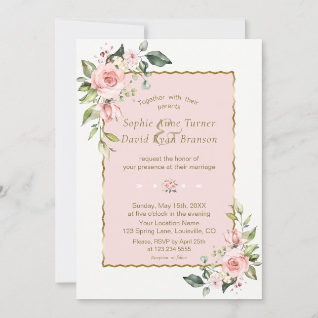 Elegante Watercolor Rosa Blush Bloral Wedding Einladung (Vorderseite)